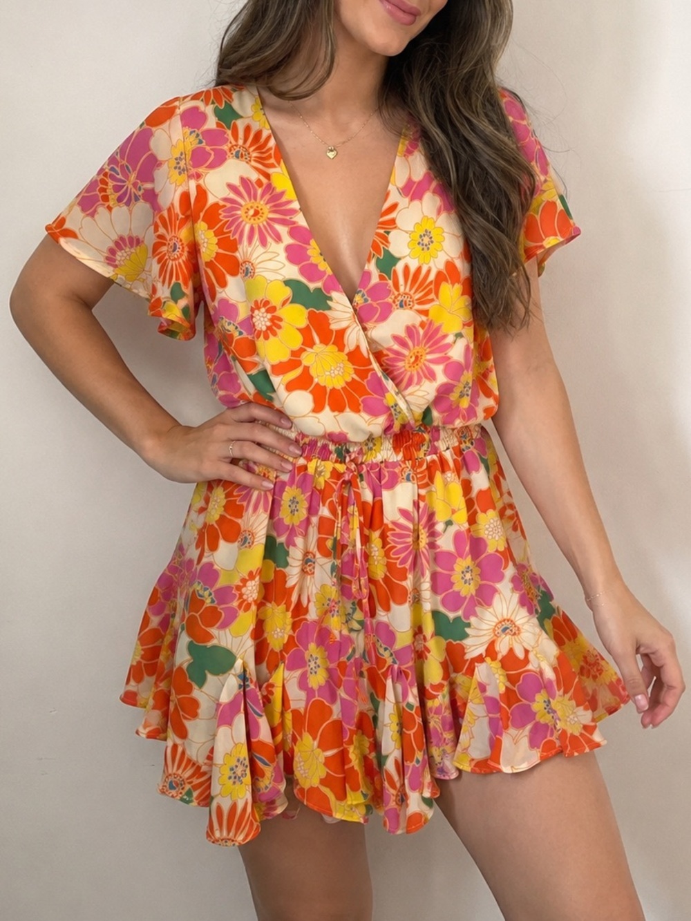 Floral V-Neck Short Romper in Cream, Orange, Pink & Yellow